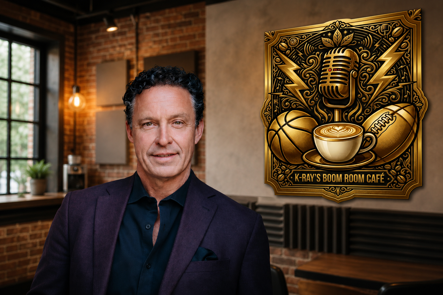 Kevin Ray in front of the K-Ray's Boom Room Café emblem