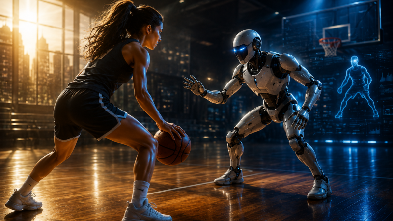 A basketball player facing a humanoid robot on the court