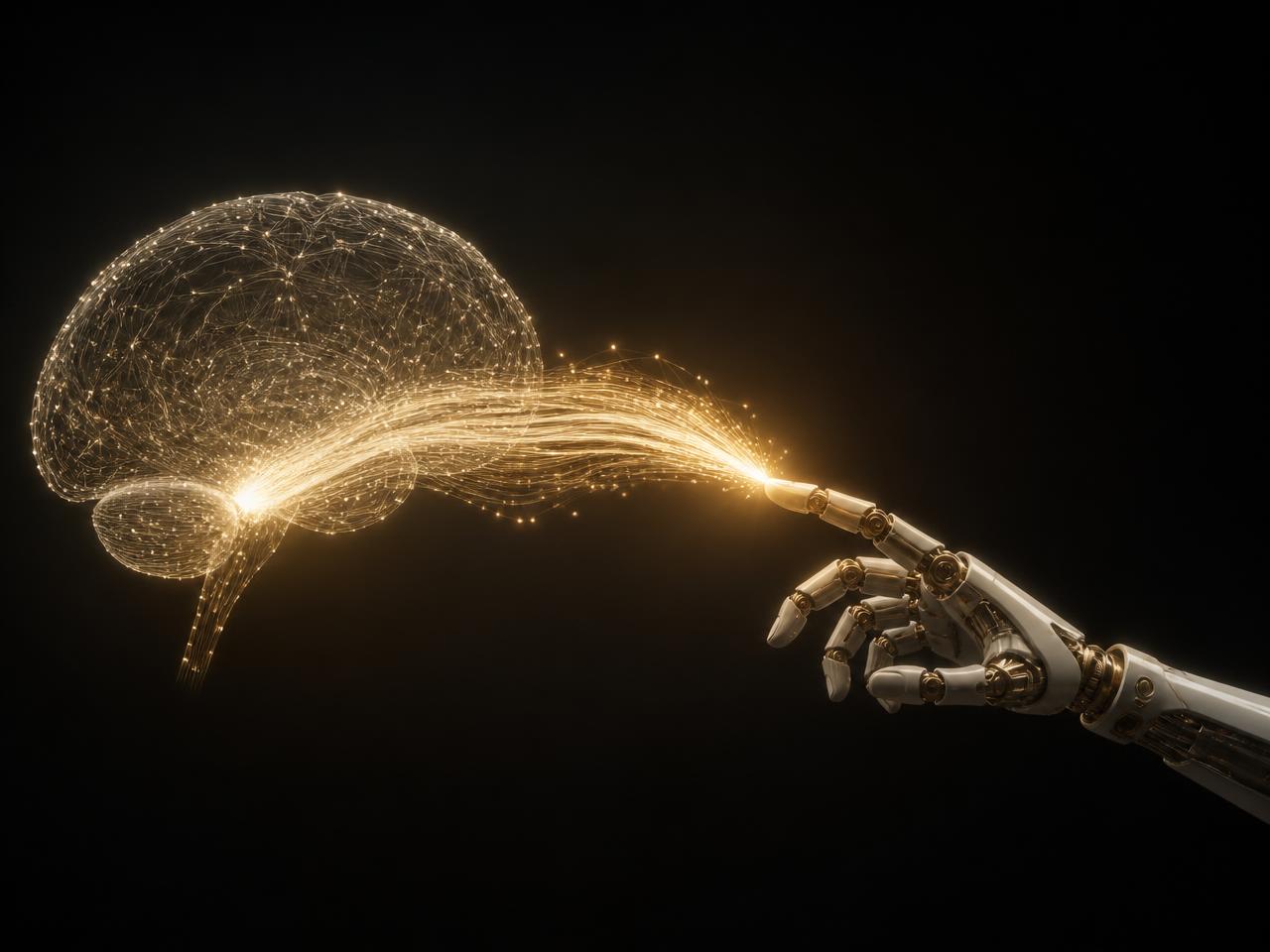 A golden light bridge arcing from a digital wireframe brain to a robotic hand