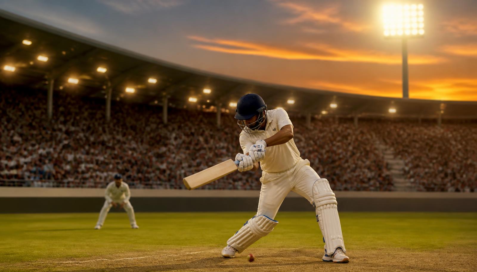 Cricket batter playing a cover drive under stadium floodlights