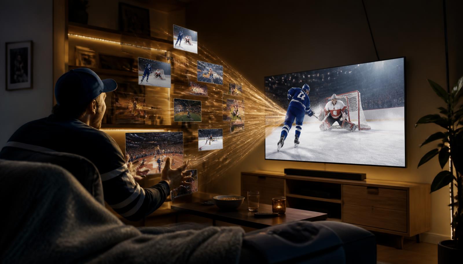 A sports fan surrounded by fragmented screens resolving into one trusted experience