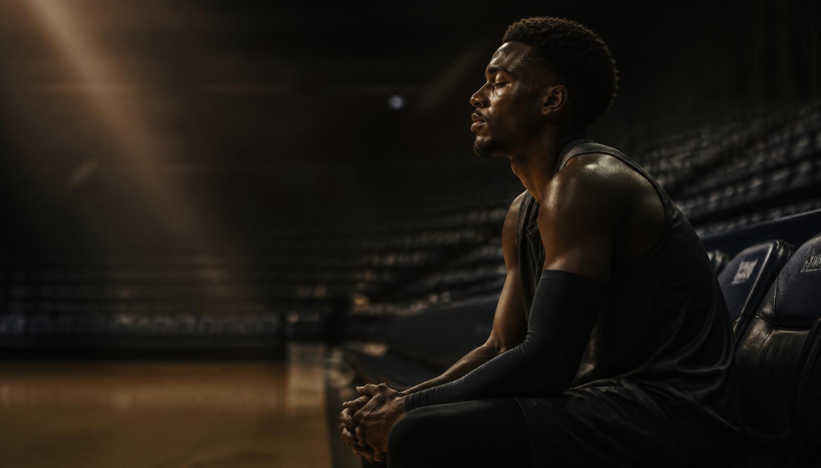 Athlete sitting courtside in a dim arena, focusing before competition