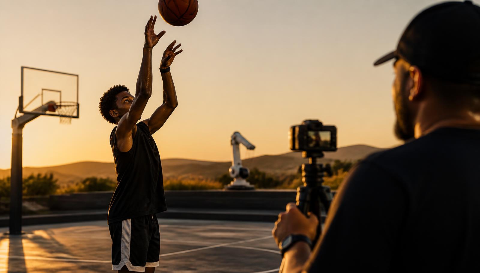 Young basketball player taking a jump shot while a camera and wearable capture the mechanics