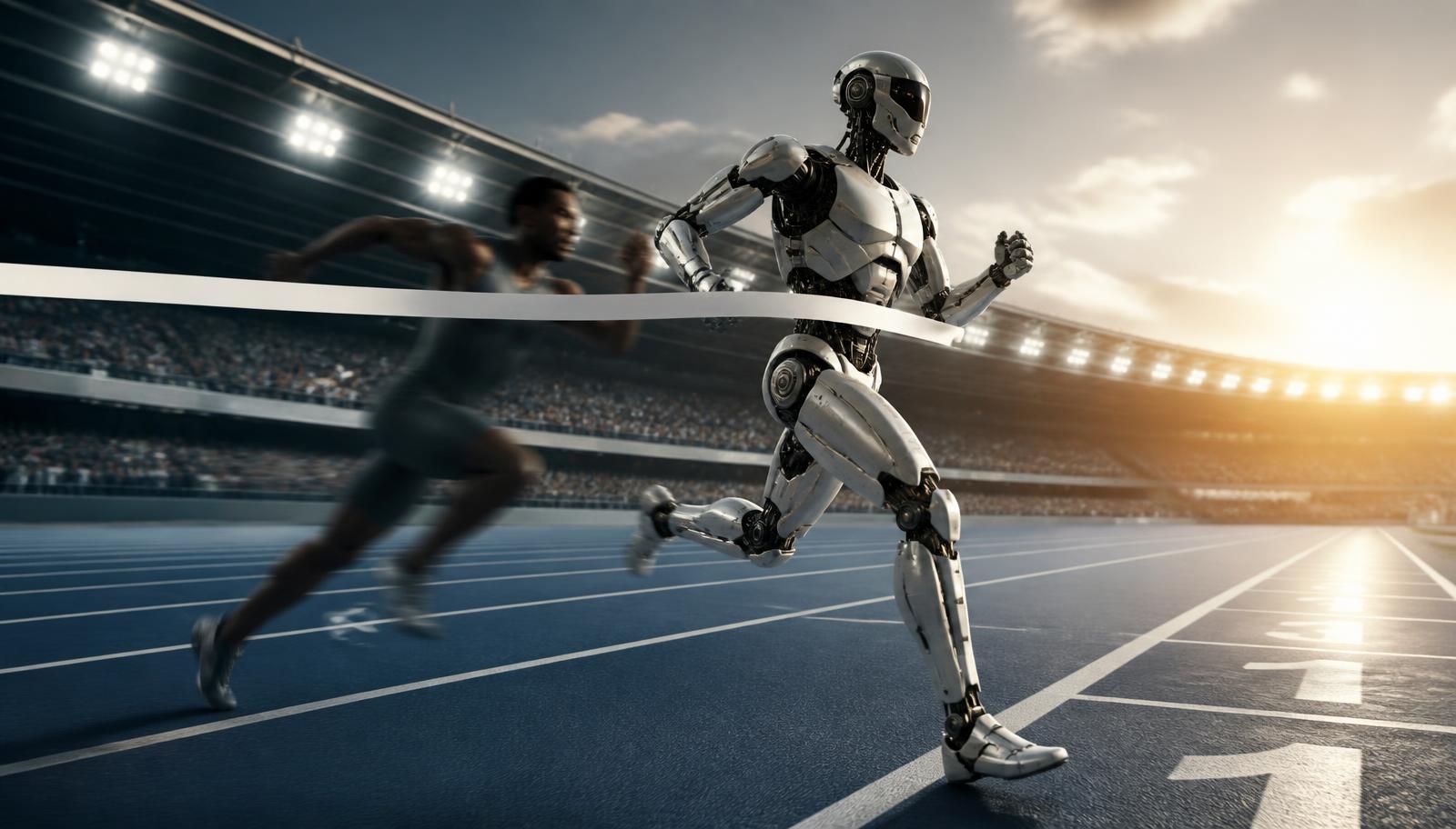Humanoid robot crossing a track finish line beside a blurred human sprinter
