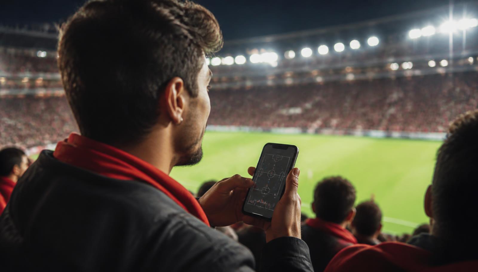Football supporter in a stadium using an AI match intelligence experience